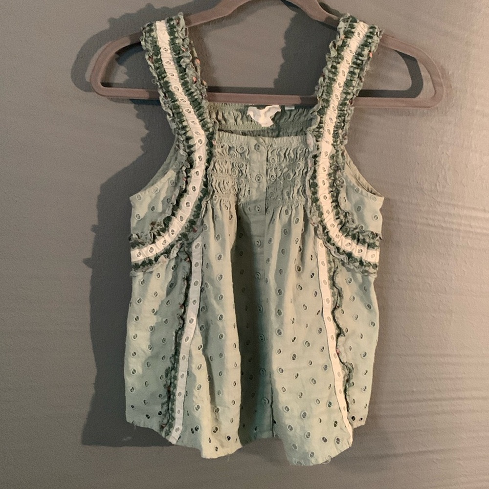 Anthropology Forever That Girl Eyelet Top Sage Green and Cream Button Tank Sz XS